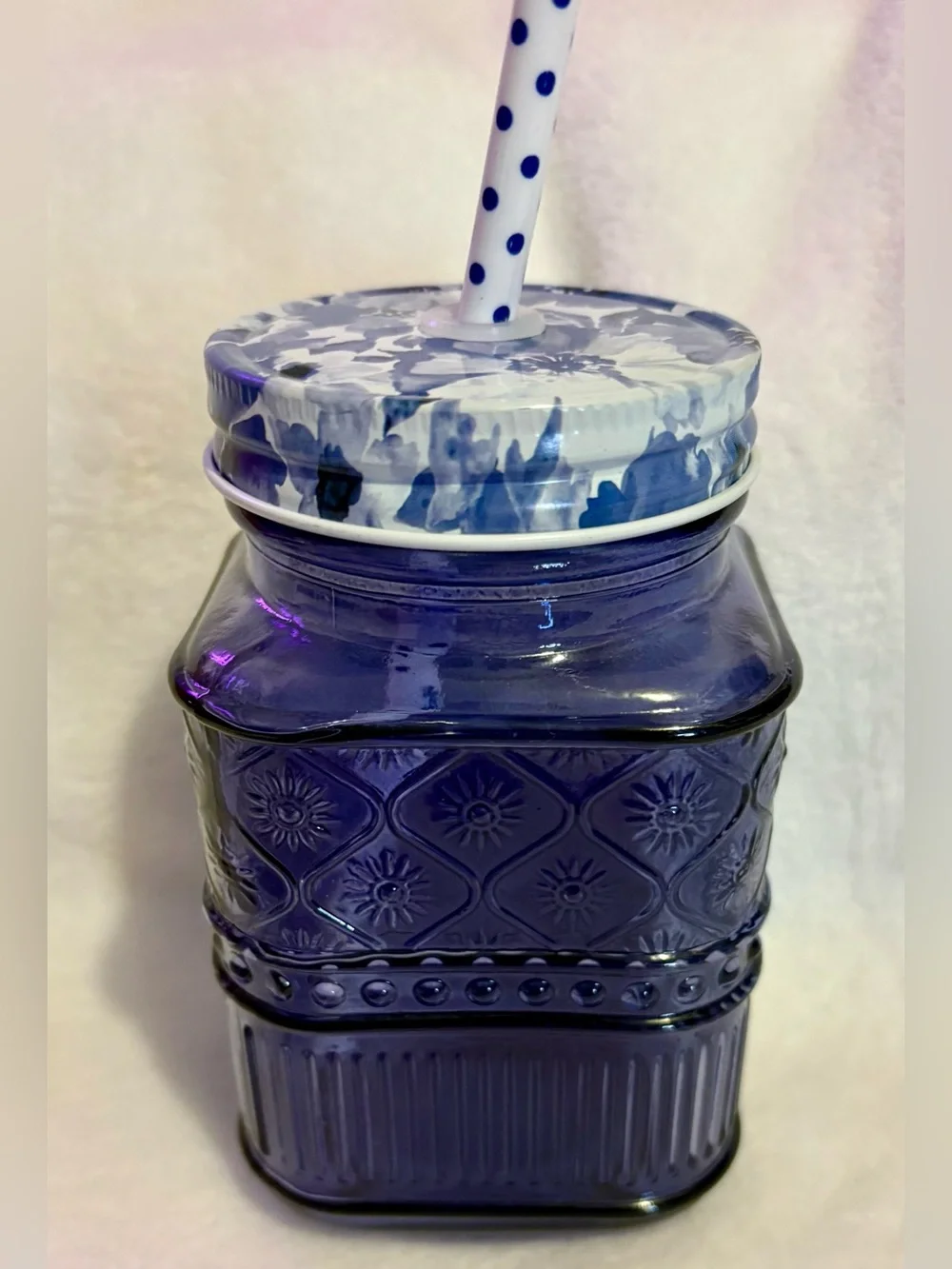 Blue Decorative Glass Mason Jar Tumbler with Floral Lid